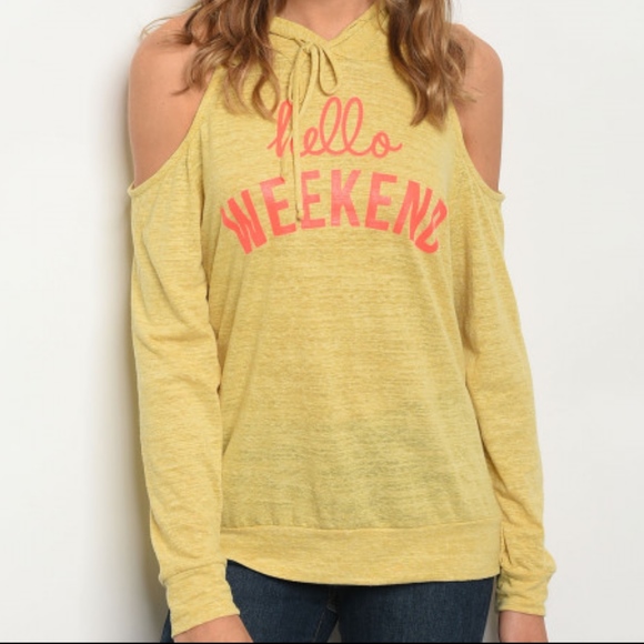 Tops - Mustard "HELLO WEEKEND" OPEN SHOULDER HOODED TOP